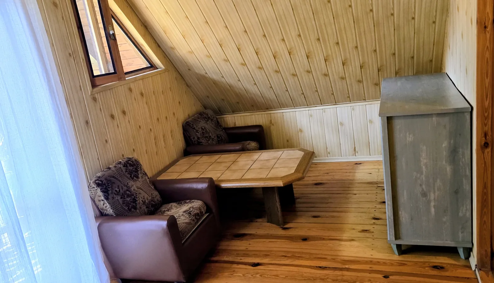 Domek 1 w ośrodku Ambrowil w Lidzbarku Welskim – kącik wypoczynkowy na poddaszu z fotelami i stolikiem